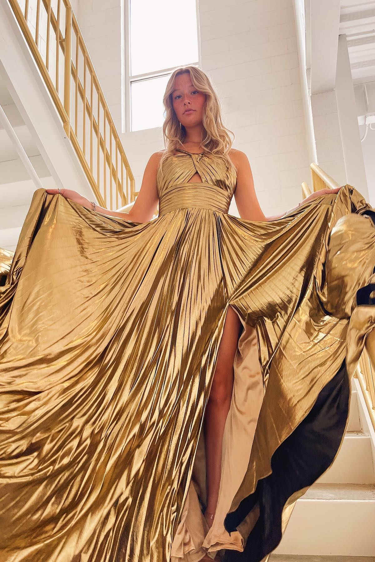 Key Hole Metallic Pleated Long Prom Dress with Slit FancyVestido Key Hole Metallic Pleated Long Prom Dress with Slit FancyVestido