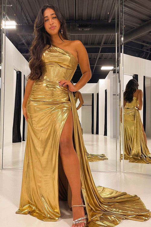 One Shoulder Gold Corset Long Prom Dress with Slit
