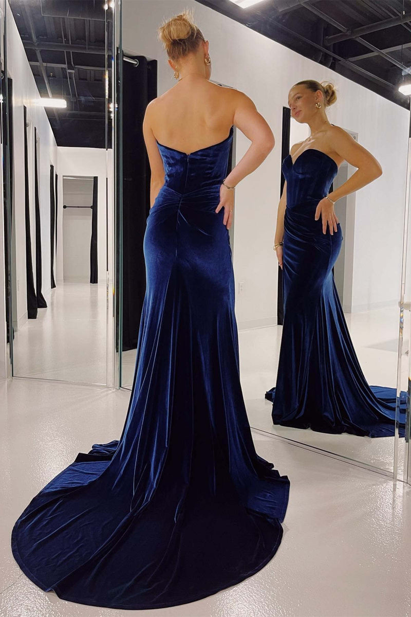 Mermaid Sweetheart Navy Blue Velvet Long Prom Dress