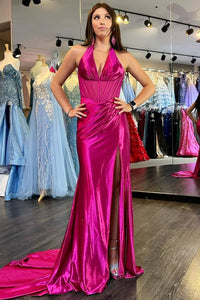 magenta prom dress KissProm Pink and falls into a full Magenta Halter Ruched Mermaid Long