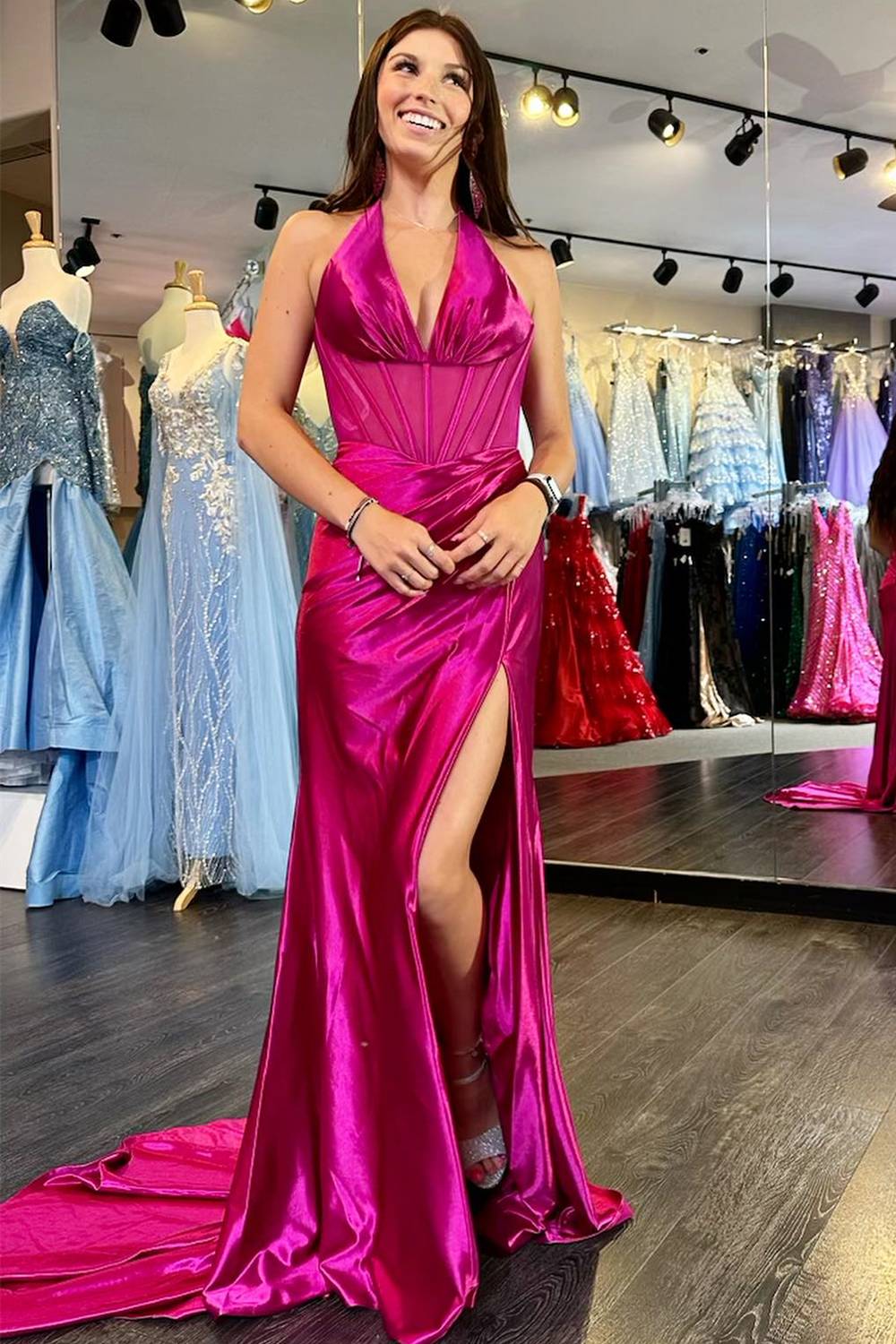 Magenta Halter Ruched Mermaid Long Prom Dress with Slit