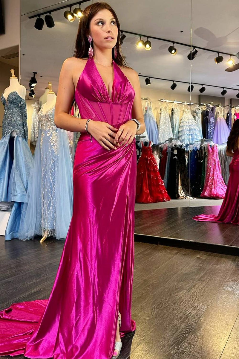 Magenta Halter Ruching Mermaid Long Prom Dress with Slit  FancyVestido
