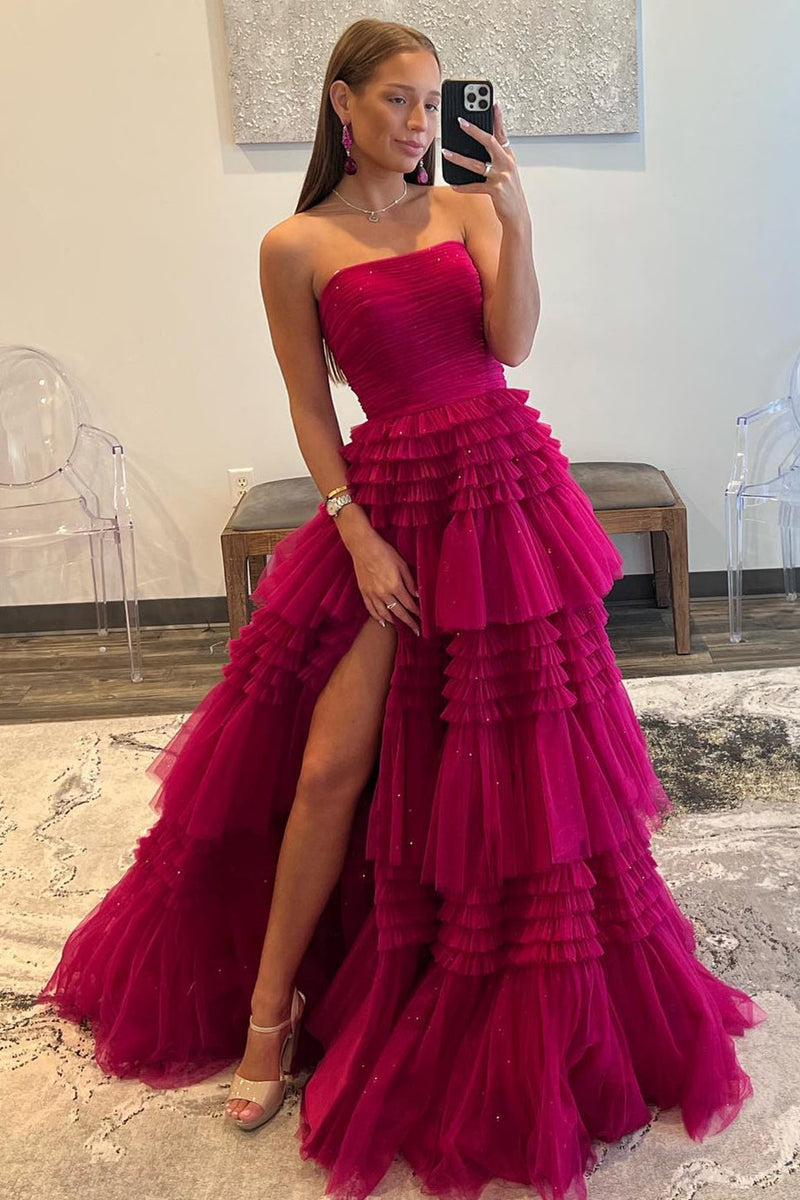 Strapless Fuchsia Pleated Tiered Tulle Prom Dress with Slit
