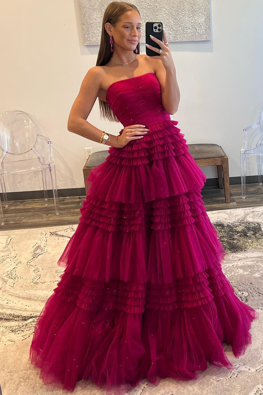 Strapless Fuchsia Pleated Tiered Tulle Prom Dress with Slit FancyVestido Strapless Fuchsia Pleated Tiered Tulle Prom Dress with Slit FancyVestido