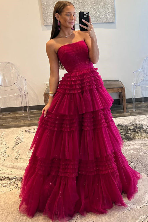 Strapless Fuchsia Pleated Tiered Tulle Prom Dress with Slit