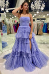 HEULORIA Fuchsia V-Neck Tiered Tulle Prom Dress with Sequin Floral Bodice and Lace-Up Back ED-222