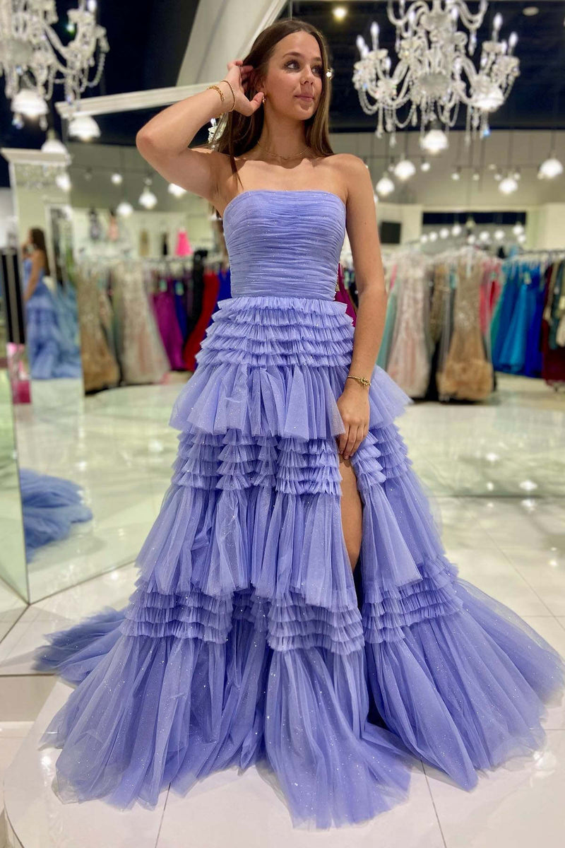 Fuchsia V Neck Ruffle Tiered Tulle Long Prom Dresses with Slit VK24032703 main image 0