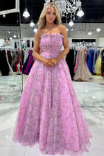 Strapless Lilac Floral Print A-Line Long Prom Dress