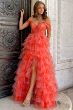 Off the Shoulder Coral Print Tiered Long Prom Dress