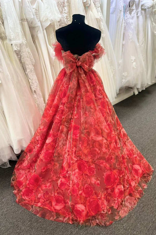Strapless Red Floral Print Organza Long Ball Gown