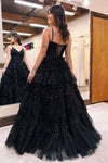 Straps Black V-Neck Pleated Tiered Long Prom Dress