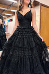 Straps Black V-Neck Pleasted Tiered Long Prom Dress