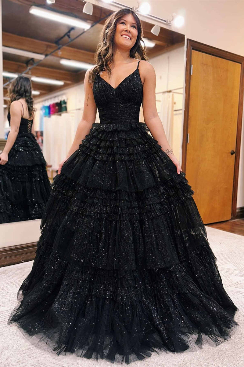 Straps Black V-Neck Pleasted Tiered Long Prom Dress