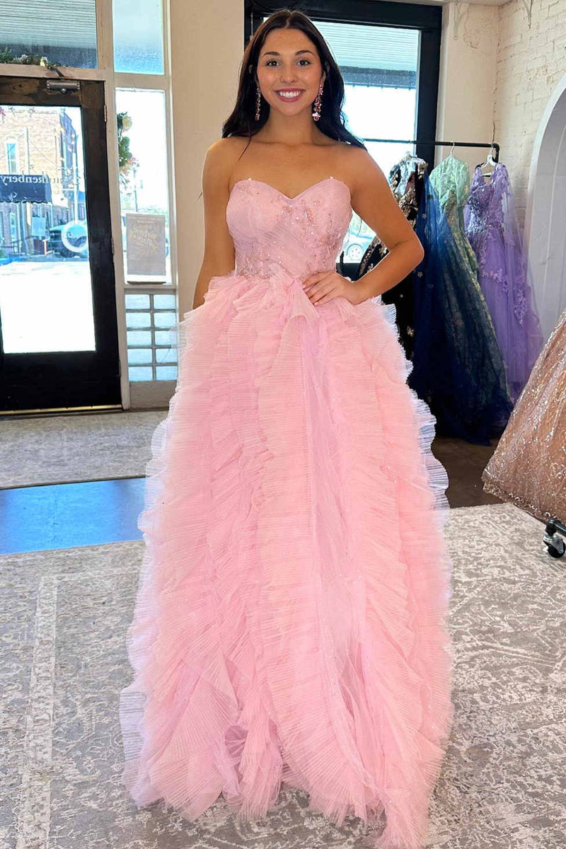 Princess Sweetheart Pink Ruffle Tulle Long Prom Dress