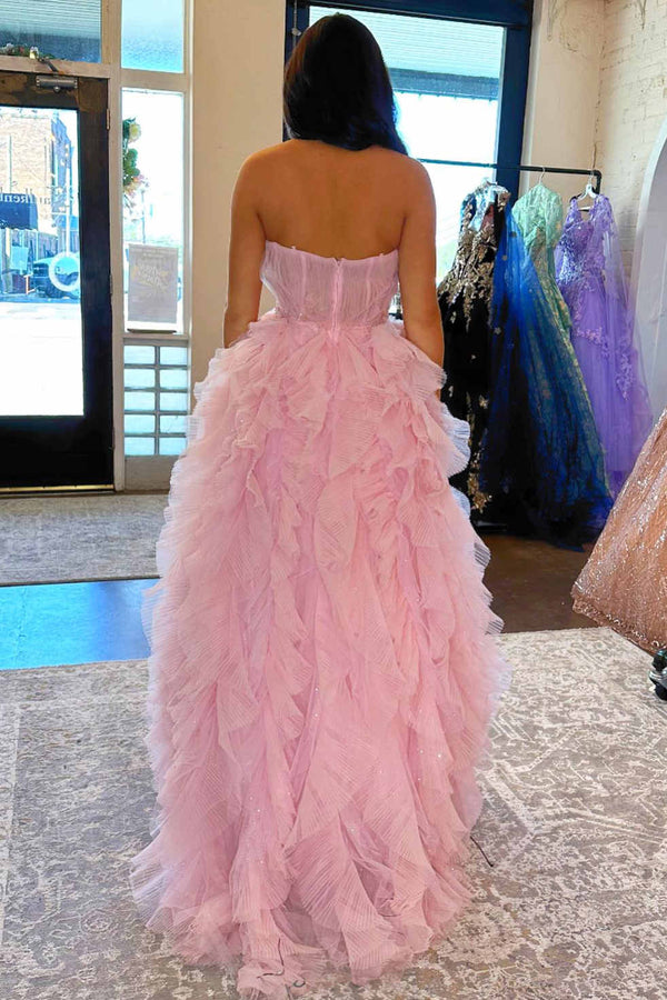 pink frilly prom dress Hot Organza Surplice-Neck Short Party with Ruffles neckline adds a touch of sophistication Pink Sweetheart Neck Tulle Long