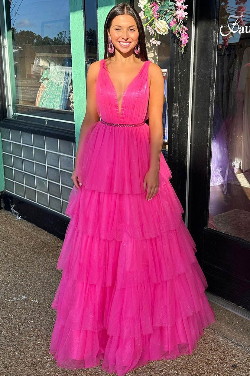 V-Neck Hot Pink Beaded Waist Tulle Long Prom Dress