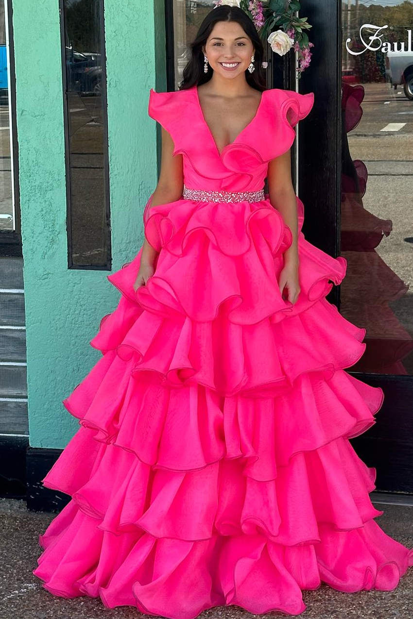 Hot Pink V-Neck Ruffle Tiered Long Prom Dress with Beaded Waist