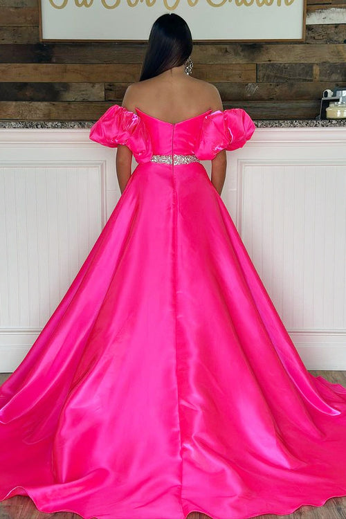 Strapless Neon Pink V-Neck Long Prom Dress with Balloon Sleeves