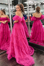 A-Line Strapless Fuchsia Corset Ruffled Long Prom Dress