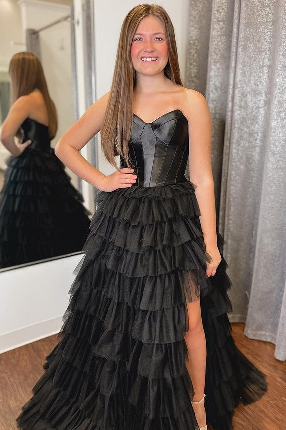 Strapless Black Corset A-Line Layered Prom Dress with Slit FancyVestido Strapless Black Corset A-Line Layered Prom Dress with Slit FancyVestido