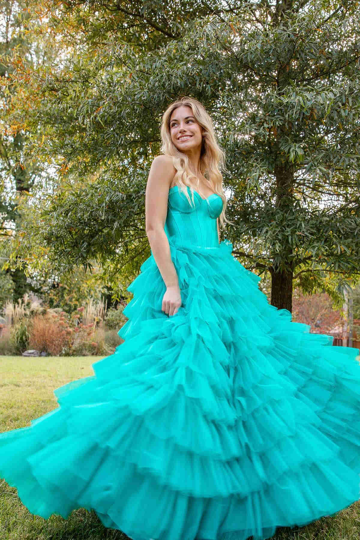 Strapless Black Corset A-Line Layered Prom Dress with Slit FancyVestido Strapless Black Corset A-Line Layered Prom Dress with Slit FancyVestido