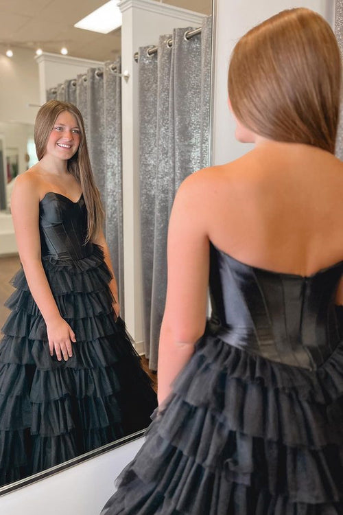 Strapless Black Corset A-Line Layered Prom Dress with Slit
