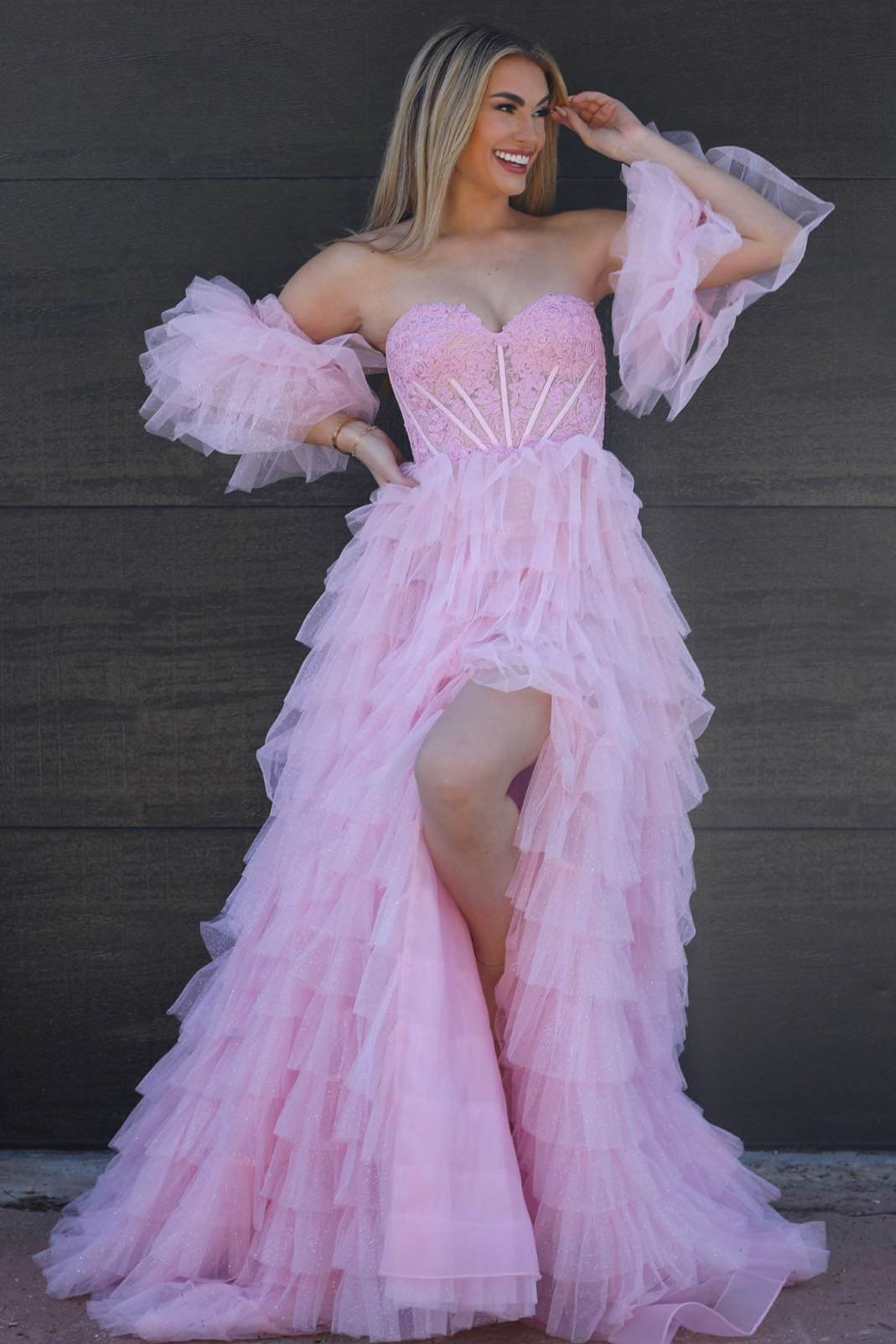 Pink Sweetheart Puff Sleeves Layered Long Prom Dress with Slit