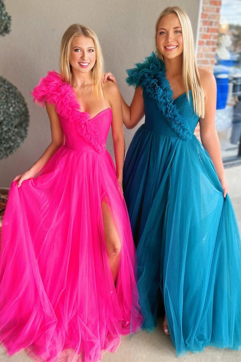 Princess Ruffled One Shoulder A-Line Tulle Prom Dress  FancyVestido