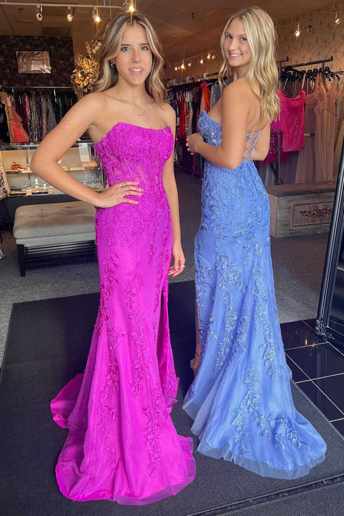 Mermaid Strapless Corset Black Tie Dress With Slit