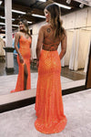 Straps Orange V-Neck Sequin Long Prom Dress with Slit