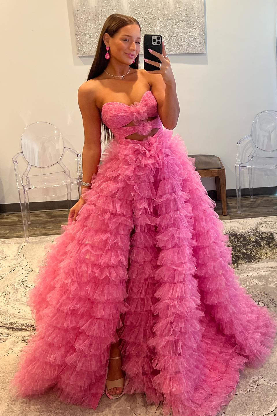 Strapless Hot Pink Keyhole Print Ruffle Tiered Prom Dress FancyVestido Strapless Hot Pink Keyhole Print Ruffle Tiered Prom Dress FancyVestido