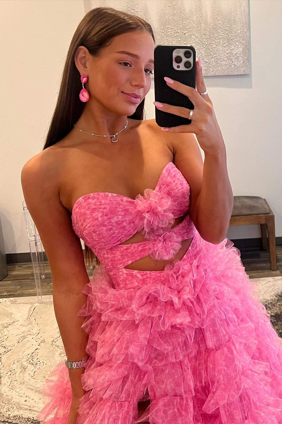 Strapless Hot Pink Keyhole Print Ruffle Tiered Prom Dress FancyVestido Strapless Hot Pink Keyhole Print Ruffle Tiered Prom Dress FancyVestido