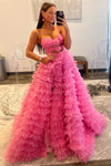 Strapless Hot Pink Keyhole Print Ruffle Tiered Prom Dress