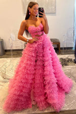 Strapless Hot Pink Keyhole Print Ruffle Tiered Prom Dress