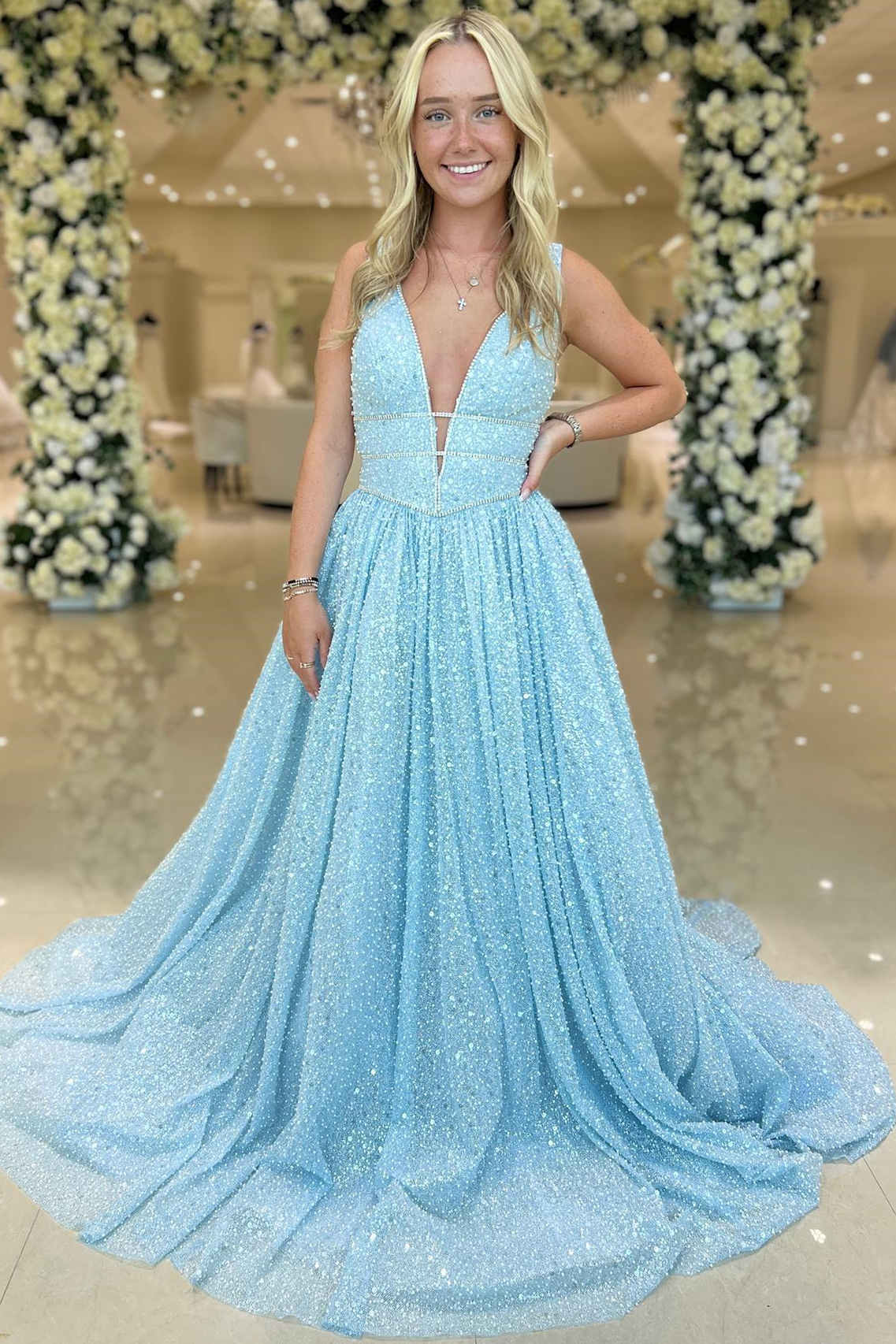 Plunging Neck Light Blue Beaded A-Line Formal Dress FancyVestido Plunging Neck Light Blue Beaded A-Line Formal Dress FancyVestido