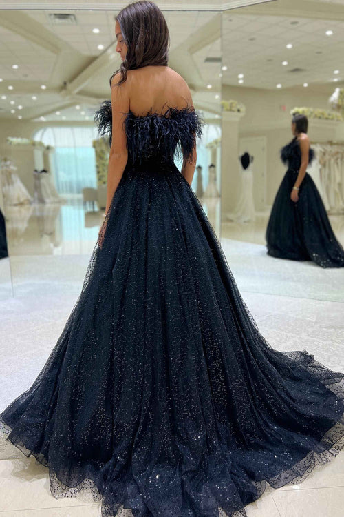Strapless Navy Blue Feathers A-Line Prom Gown