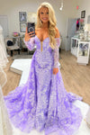 Lilac Strapless Tulle Prom Dress with Detachable Sleeves