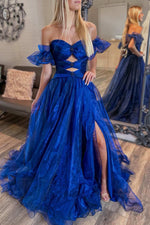 Royal Blue Strapless Keyhole Balloon Sleeves Long Prom Dress