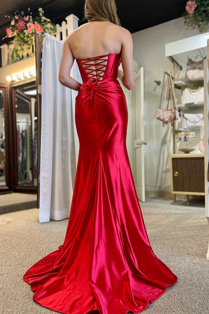 Red Strapless Ruched Mermaid Long Formal Dress with Slit