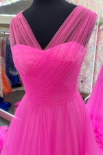 V-Neck Hot Pink Layered Tulle Formal Dress