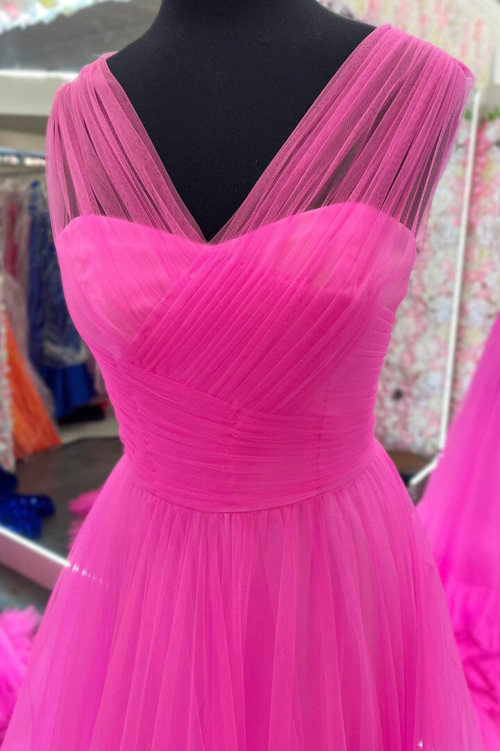 V-Neck Hot Pink Layered Tulle Formal Dress