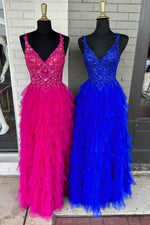 V-Neck Magenta Lace Appliques Layered Tulle Prom Dress