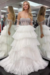 Strapless White Beaded Top Ruffled Long Prom Dress