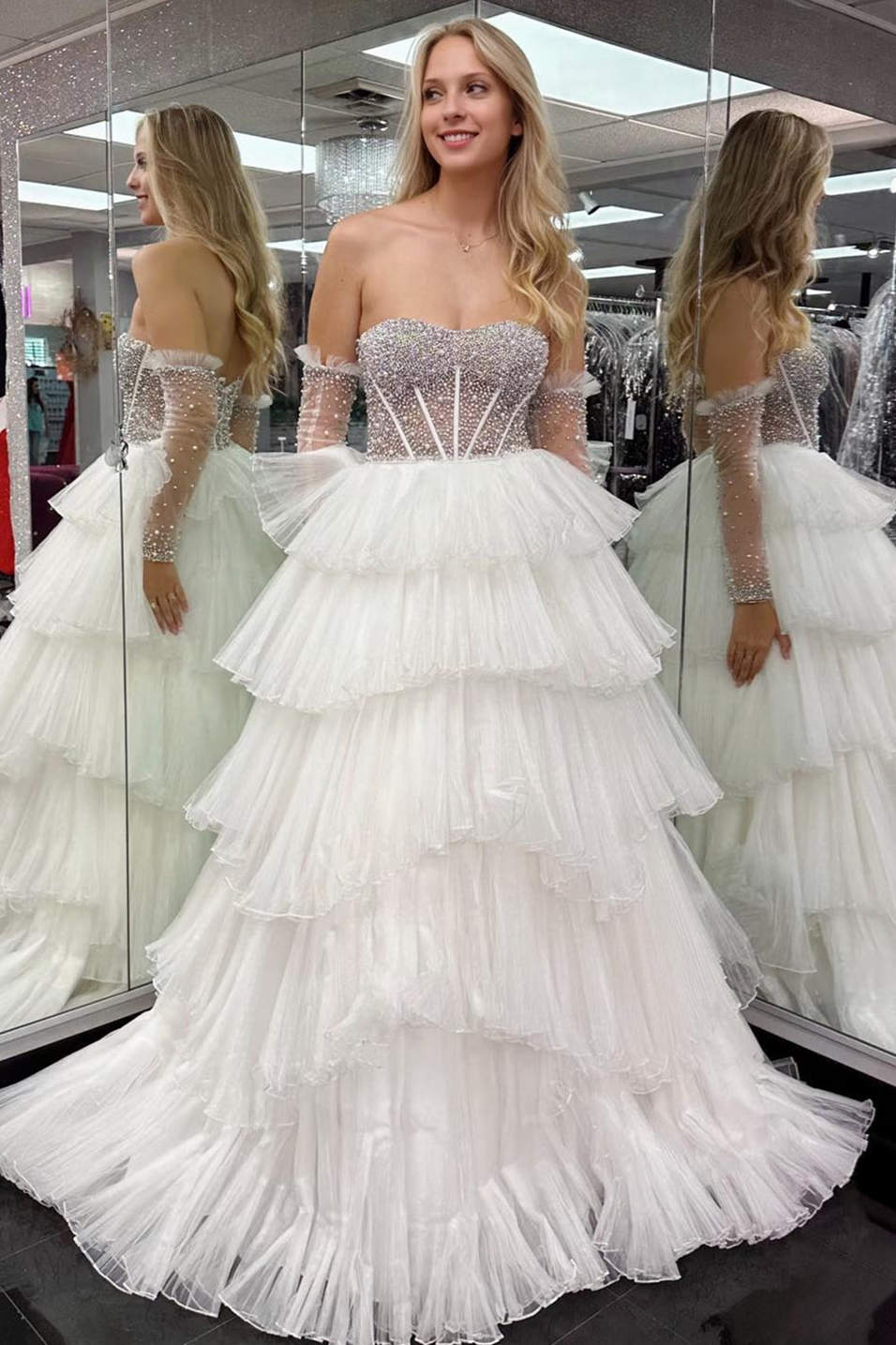 Strapless White Beaded Top Ruffled Long Prom Dress  FancyVestido