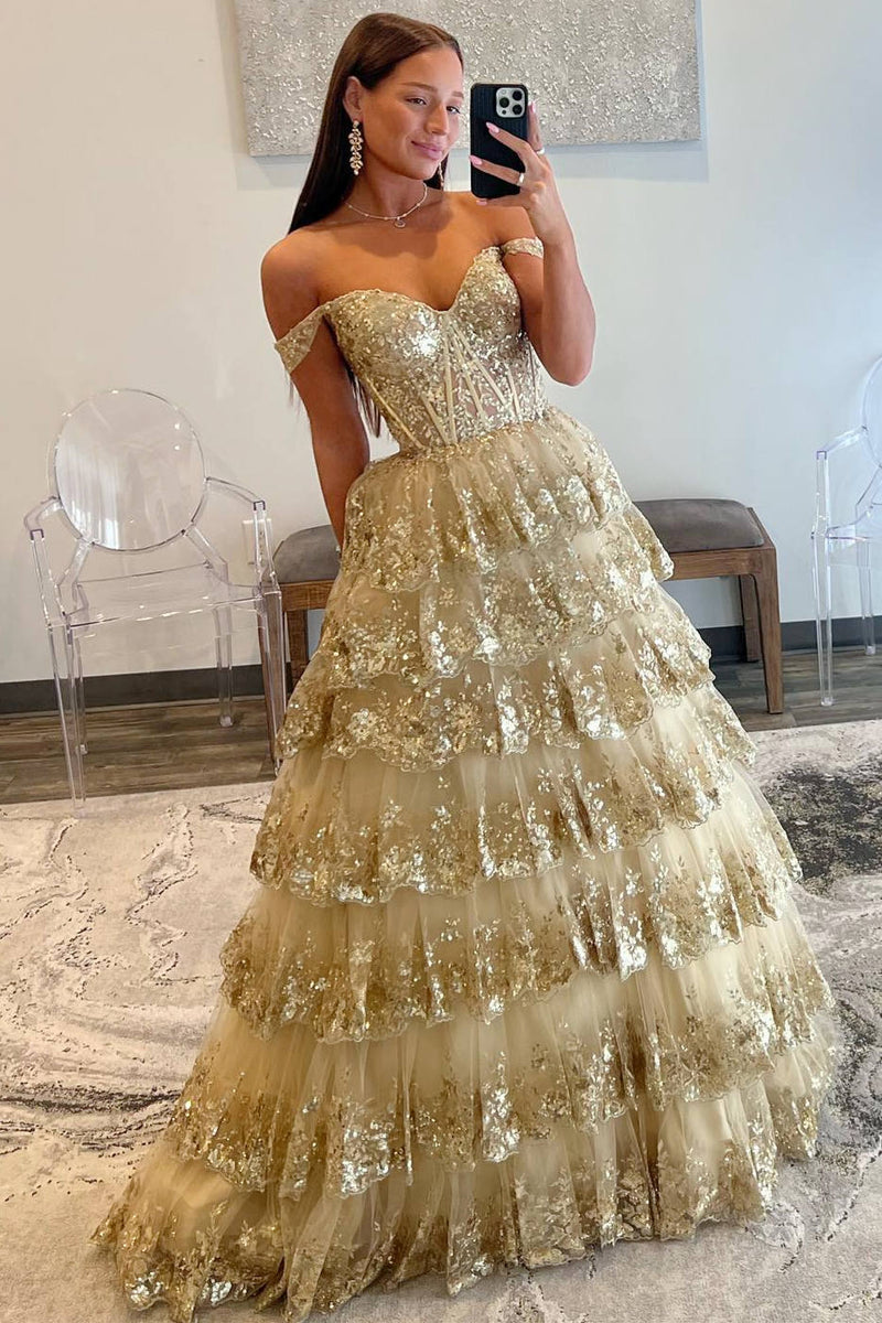 Lace-Up Gold Off the Shoulder Corset Tiered Ball Gown