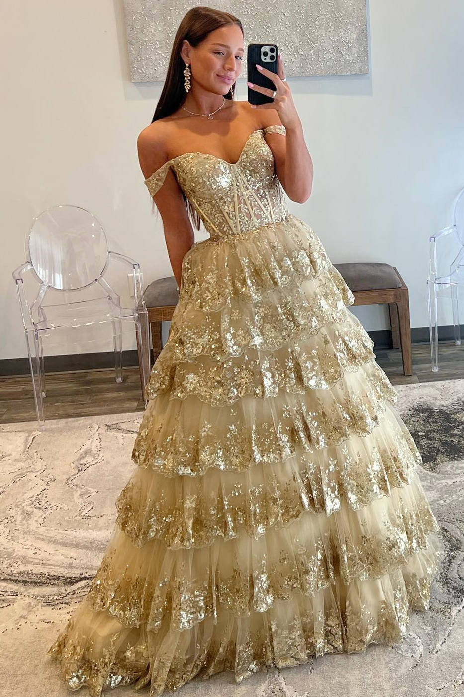 Lace-Up Gold Off the Shoulder Corset Tiered Ball Gown FancyVestido Lace-Up Gold Off the Shoulder Corset Tiered Ball Gown FancyVestido
