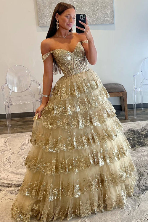 Lace-Up Gold Off the Shoulder Corset Tiered Ball Gown