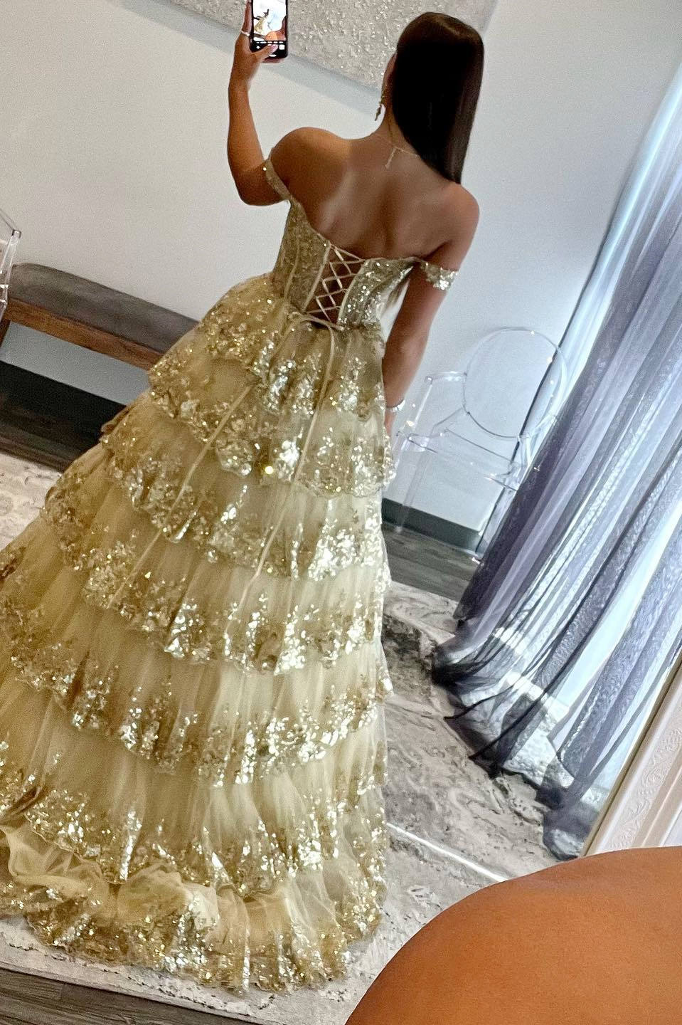 Lace-Up Gold Off the Shoulder Corset Tiered Ball Gown FancyVestido Lace-Up Gold Off the Shoulder Corset Tiered Ball Gown FancyVestido