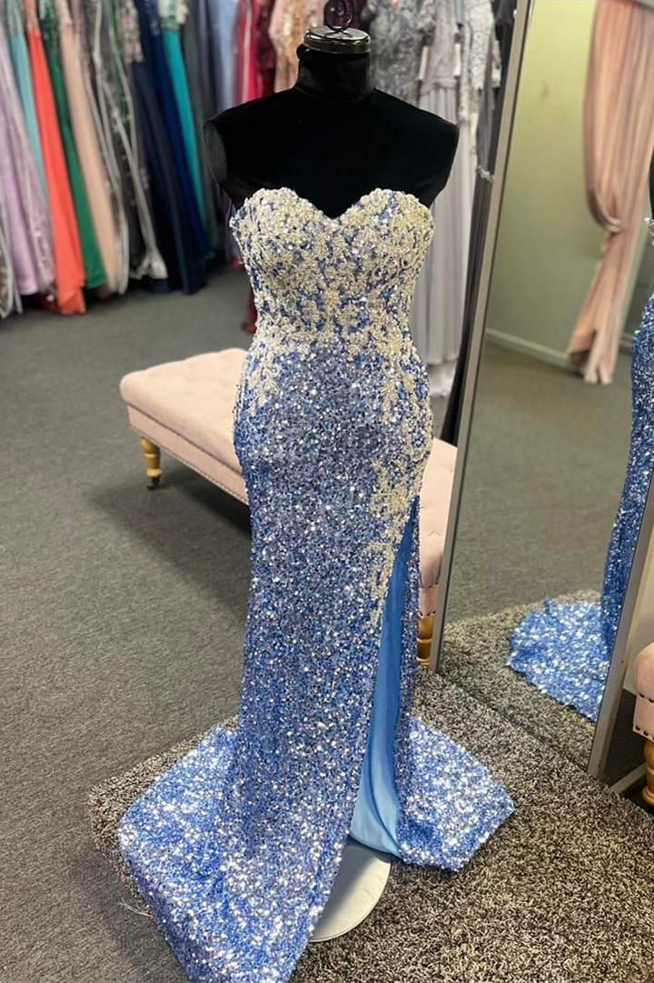 Periwinkle Strapless Sequin Prom Dress with Appliques FancyVestido Periwinkle Strapless Sequin Prom Dress with Appliques FancyVestido