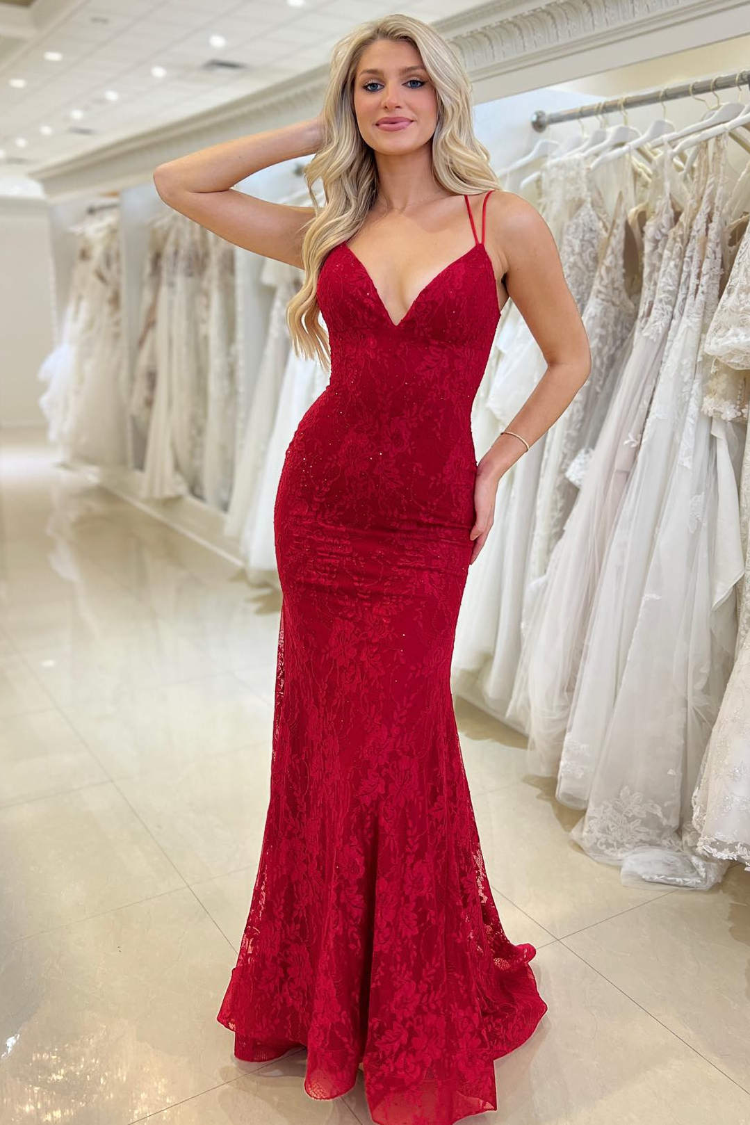Double Straps Red Lace Mermaid Prom Dress FancyVestido Double Straps Red Lace Mermaid Prom Dress FancyVestido